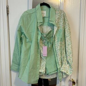 Green Striped and Floral Blouse